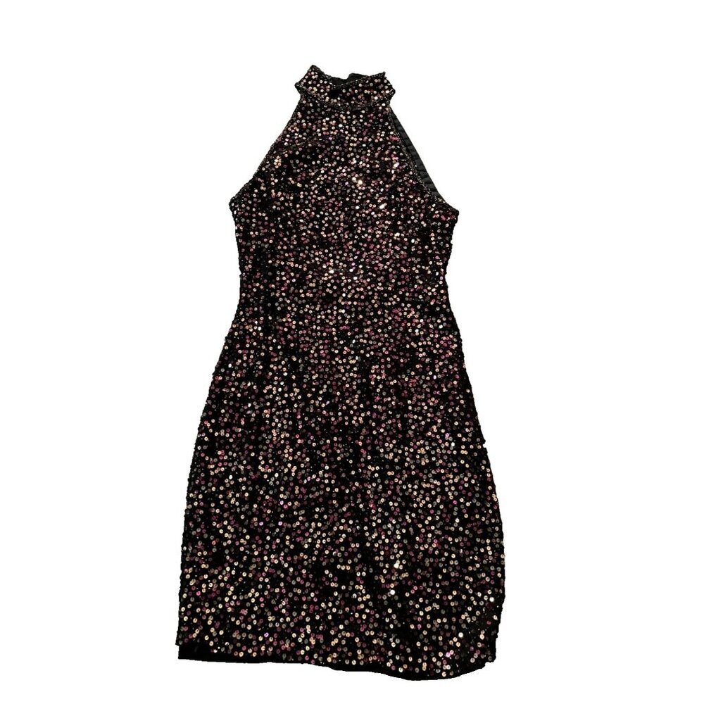Black Tie Oleg Cassini gold pink sequin dress cute back cut 6- 100% silk